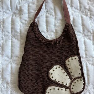 Brown Crochet Shoulder Bag with Cream Accents